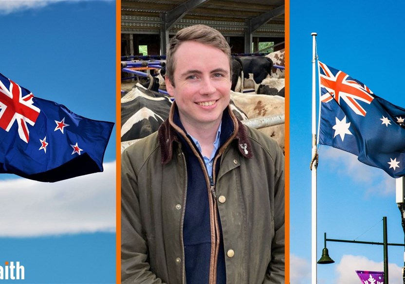 A headshot of James Lighton between an Australian and New Zealand Flag